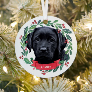 Black Labrador Retriever Dog Christmas Watercolor Metal Ornament