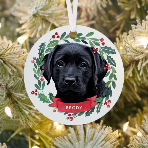 Black Labrador Retriever Dog Christmas Watercolor  Metal Ornament