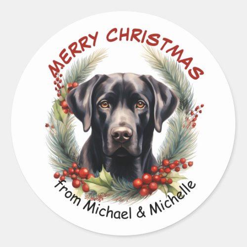 Black Labrador Retriever Dog Christmas Wreath Classic Round Sticker