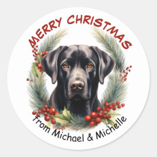 Black Labrador Retriever Dog Christmas Wreath Classic Round Sticker