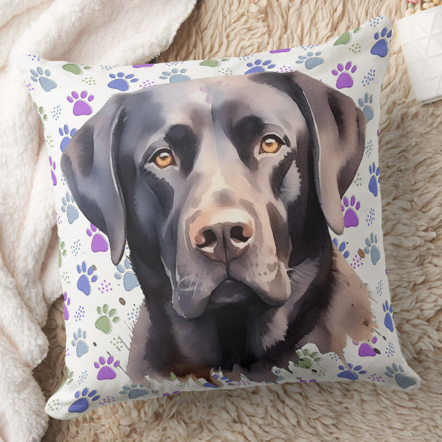 Black Labrador Retriever Dog Colorful Paw Prints Throw Pillow Zazzle