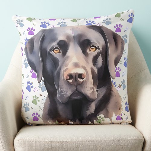 Black Labrador Retriever Dog Colorful Paw Prints  Throw Pillow