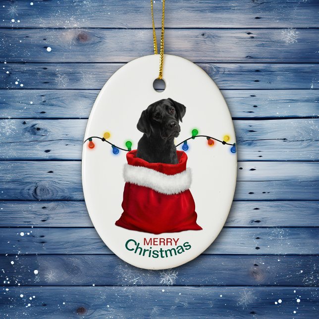 Black Labrador Retriever Dog in Holiday Gift Bag Ceramic Ornament (Creator Uploaded)