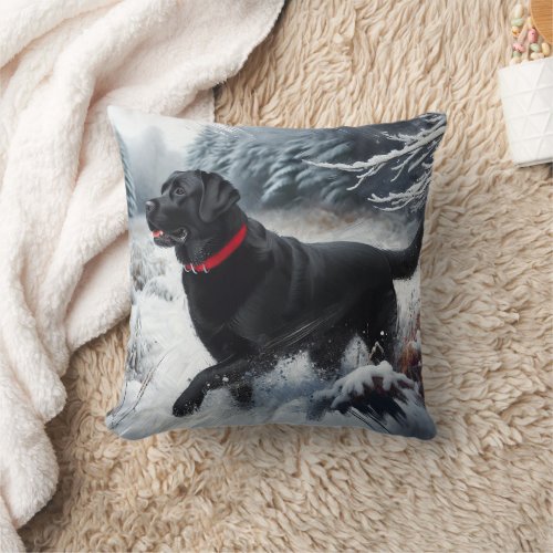 Black Labrador Retriever Dog in Snow Throw Pillow