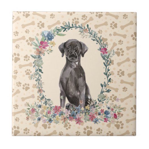 Black Labrador Retriever Dog Paw Print Floral Cute Ceramic Tile