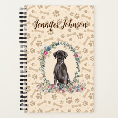 Black Labrador Retriever Dog Paw Print  Floral Notebook