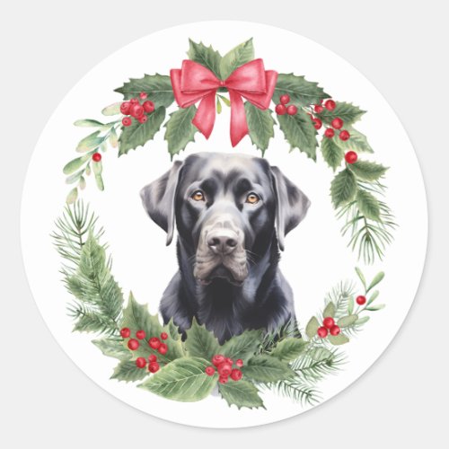 Black Labrador Retriever Dog Red Bow Holly Wreath Classic Round Sticker
