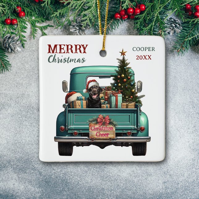 Black Labrador Retriever Dog Retro Truck Christmas Ceramic Ornament (Creator Uploaded)