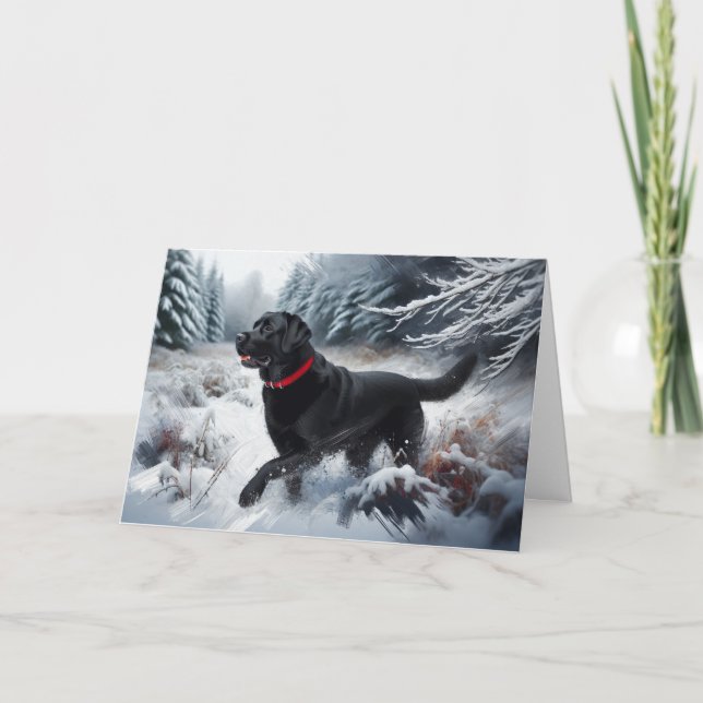 Black Labrador Retriever Dog Snow Holiday Card (Front)