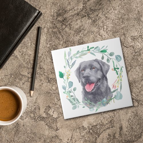 Black Labrador Retriever Dog Watercolor Wreath Ceramic Tile