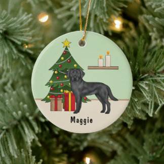 Black Labrador Retriever Dog With Christmas Tree Ceramic Ornament