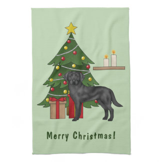 Black Labrador Retriever Dog With Christmas Tree Kitchen Towel