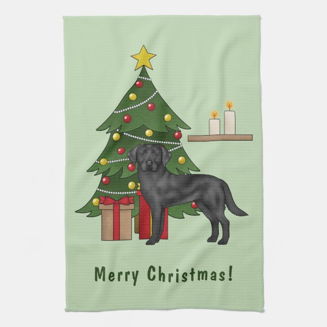 Black Labrador Retriever Dog With Christmas Tree Kitchen Towel (Vertical)