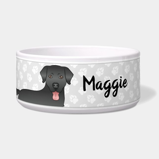 Black Labrador Retriever Dog With Paws & Name Bowl (Front)
