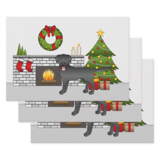 Black Labrador Retriever - Festive Christmas Room Wrapping Paper Sheets