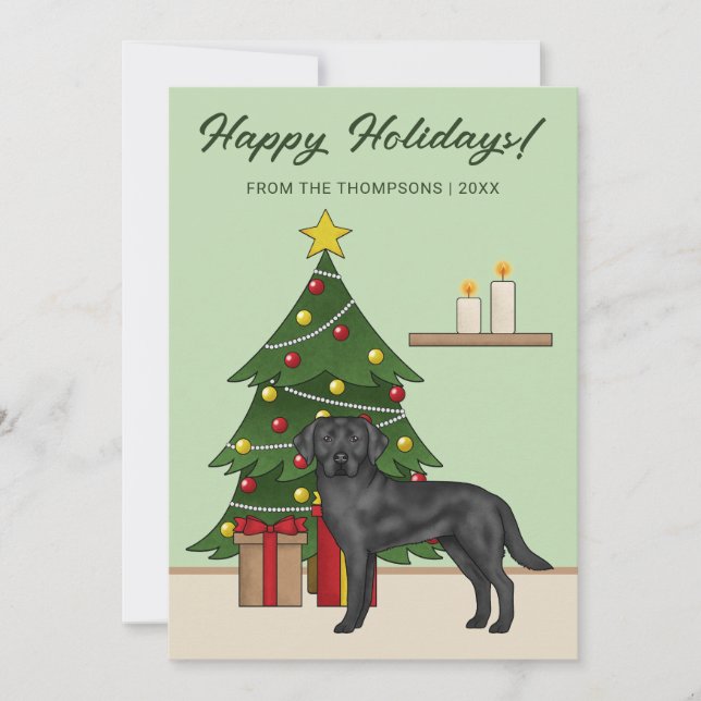 Black Labrador Retriever Green Festive Christmas Holiday Card (Front)