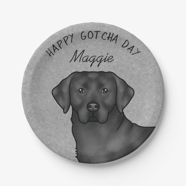 Black Labrador Retriever Happy Gotcha Day Gray Paper Plates (Front)