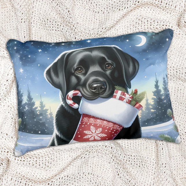 Black Labrador Retriever Holiday Puppy Dog  Decorative Pillow (Creator Uploaded)