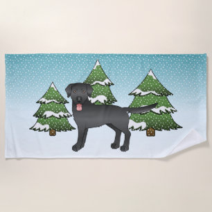 Black Labrador Retriever In A Winter Forest Beach Towel