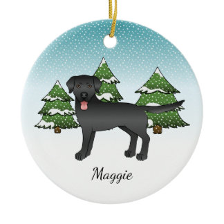 Black Labrador Retriever In A Winter Forest &amp; Name Ceramic Ornament