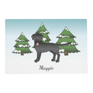 Black Labrador Retriever In A Winter Forest &amp; Name Placemat