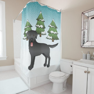 Black Labrador Retriever In A Winter Forest Shower Curtain