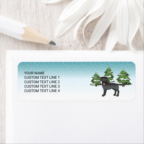 Black Labrador Retriever In A Winter Forest  Text Label