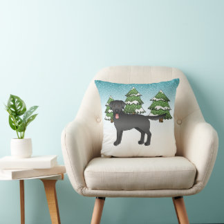 Black Labrador Retriever In A Winter Forest Throw Pillow