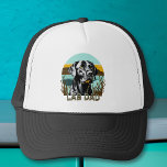 Black Labrador Retriever | Lab Dad Trucker Hat<br><div class="desc">Lab Dad. AI art watercolor black lab with a vintage sunset with retro colors teal and brown.</div>