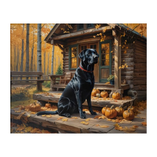 Black Labrador Retriever Log Cabin Autumn Acrylic Print (Front)