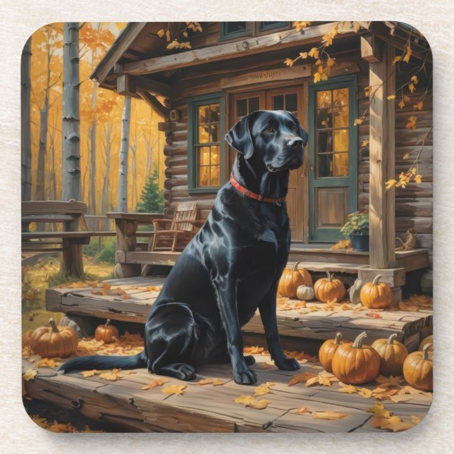 Black Labrador Retriever Log Cabin Autumn Beverage Coaster (Front)