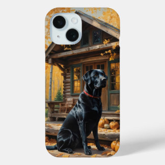 Black Labrador Retriever Log Cabin Autumn iPhone 15 Case
