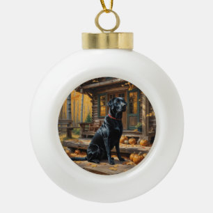 Black Labrador Retriever Log Cabin Autumn Ceramic Ball Christmas Ornament