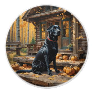 Black Labrador Retriever Log Cabin Autumn Ceramic Knob