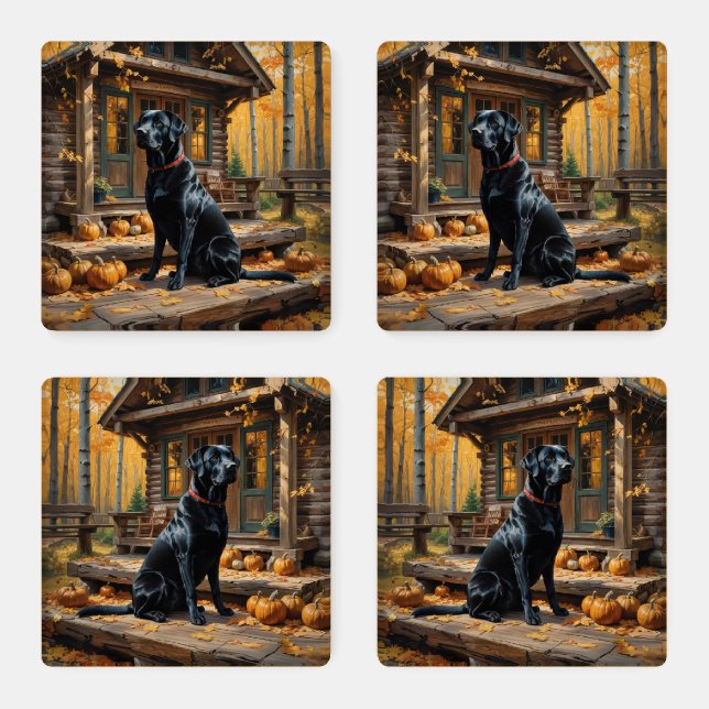 Black Labrador Retriever Log Cabin Autumn Coaster Set (Set)
