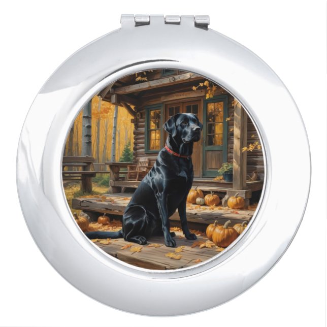 Black Labrador Retriever Log Cabin Autumn Compact Mirror (Front)
