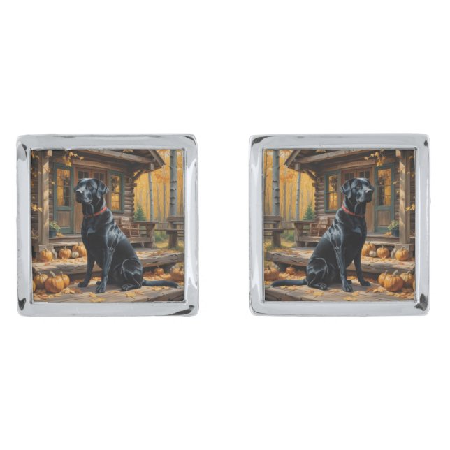 Black Labrador Retriever Log Cabin Autumn Cufflinks (Front)
