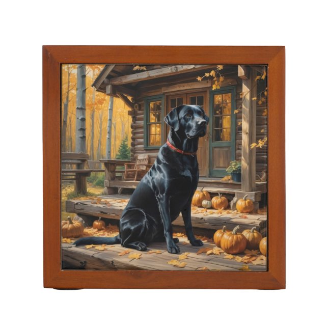 Black Labrador Retriever Log Cabin Autumn Desk Organizer (Front)