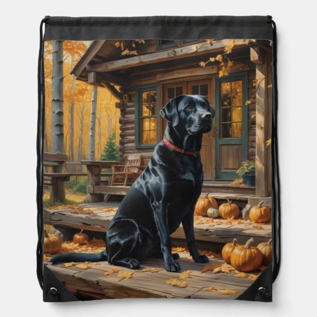 Black Labrador Retriever Log Cabin Autumn Drawstring Bag (Front)