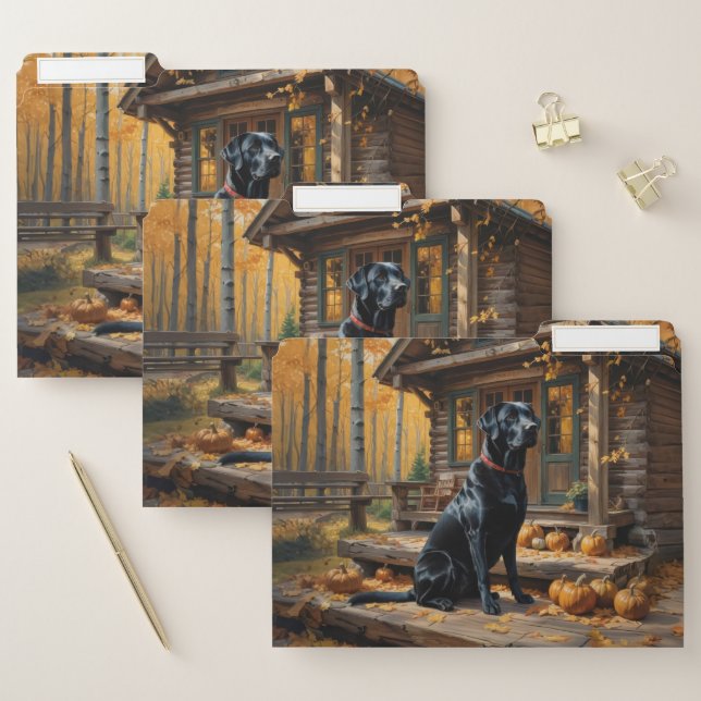 Black Labrador Retriever Log Cabin Autumn File Folder (Set)