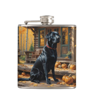Black Labrador Retriever Log Cabin Autumn Flask