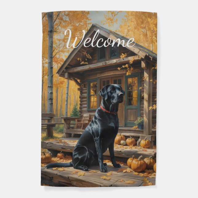 Black Labrador Retriever Log Cabin Autumn Garden Flag (Front)