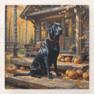 Black Labrador Retriever Log Cabin Autumn Glass Coaster