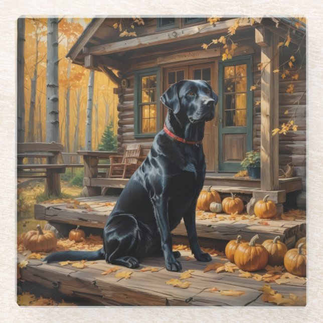 Black Labrador Retriever Log Cabin Autumn Glass Coaster (Front)