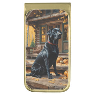 Black Labrador Retriever Log Cabin Autumn Gold Finish Money Clip