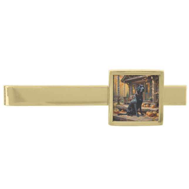 Black Labrador Retriever Log Cabin Autumn Gold Finish Tie Bar (Front)