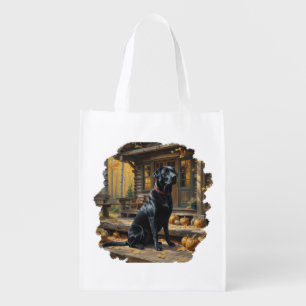 Black Labrador Retriever Log Cabin Autumn Grocery Bag