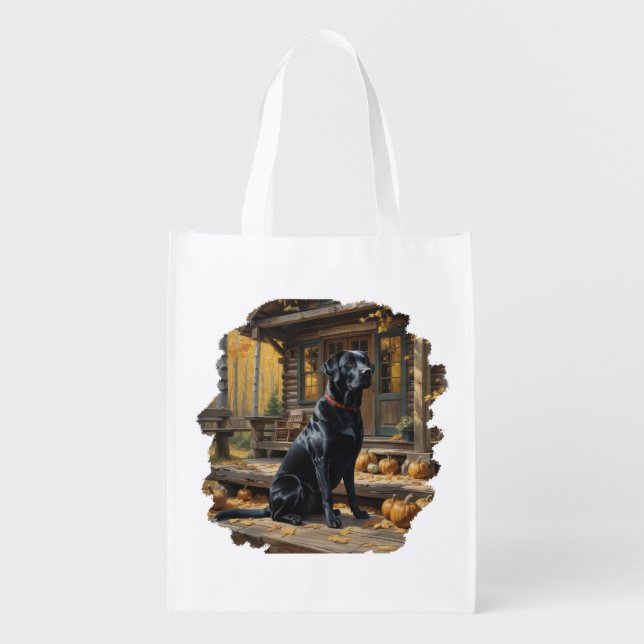 Black Labrador Retriever Log Cabin Autumn Grocery Bag (Front)