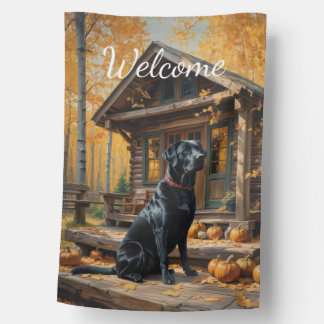 Black Labrador Retriever Log Cabin Autumn House Flag