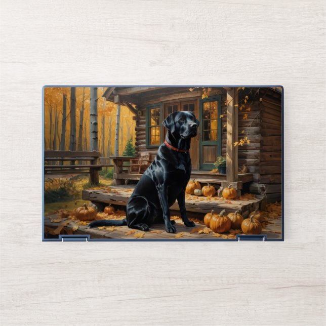 Black Labrador Retriever Log Cabin Autumn HP Laptop Skin (Front)
